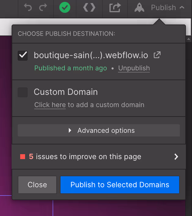 Emplacement pour publier son site sur Webflow