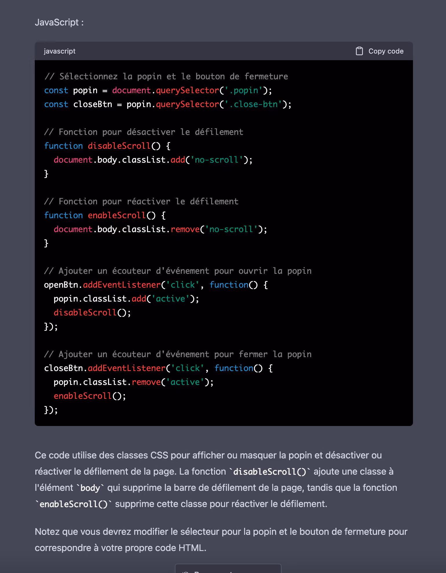 Second exemple de prompt ChatGPT pour générer du Javascript pour son projet Webflow