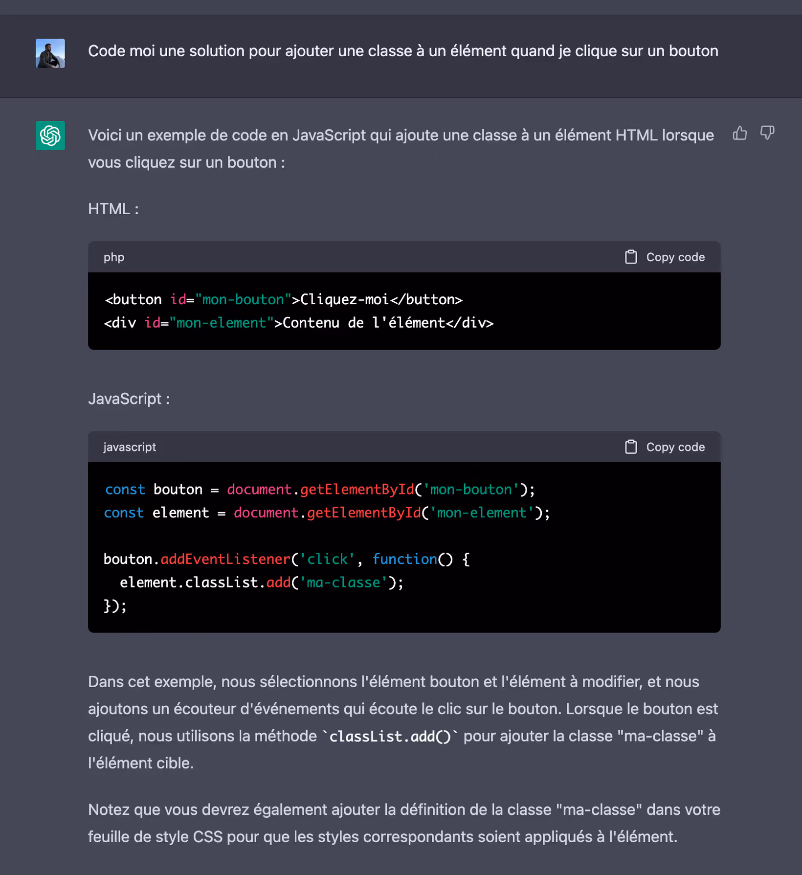 Premier exemple de prompt ChatGPT pour générer du Javascript pour son projet Webflow