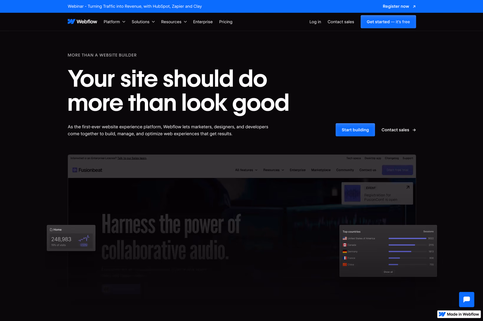 Aperçu de la page d'accueil de Webflow