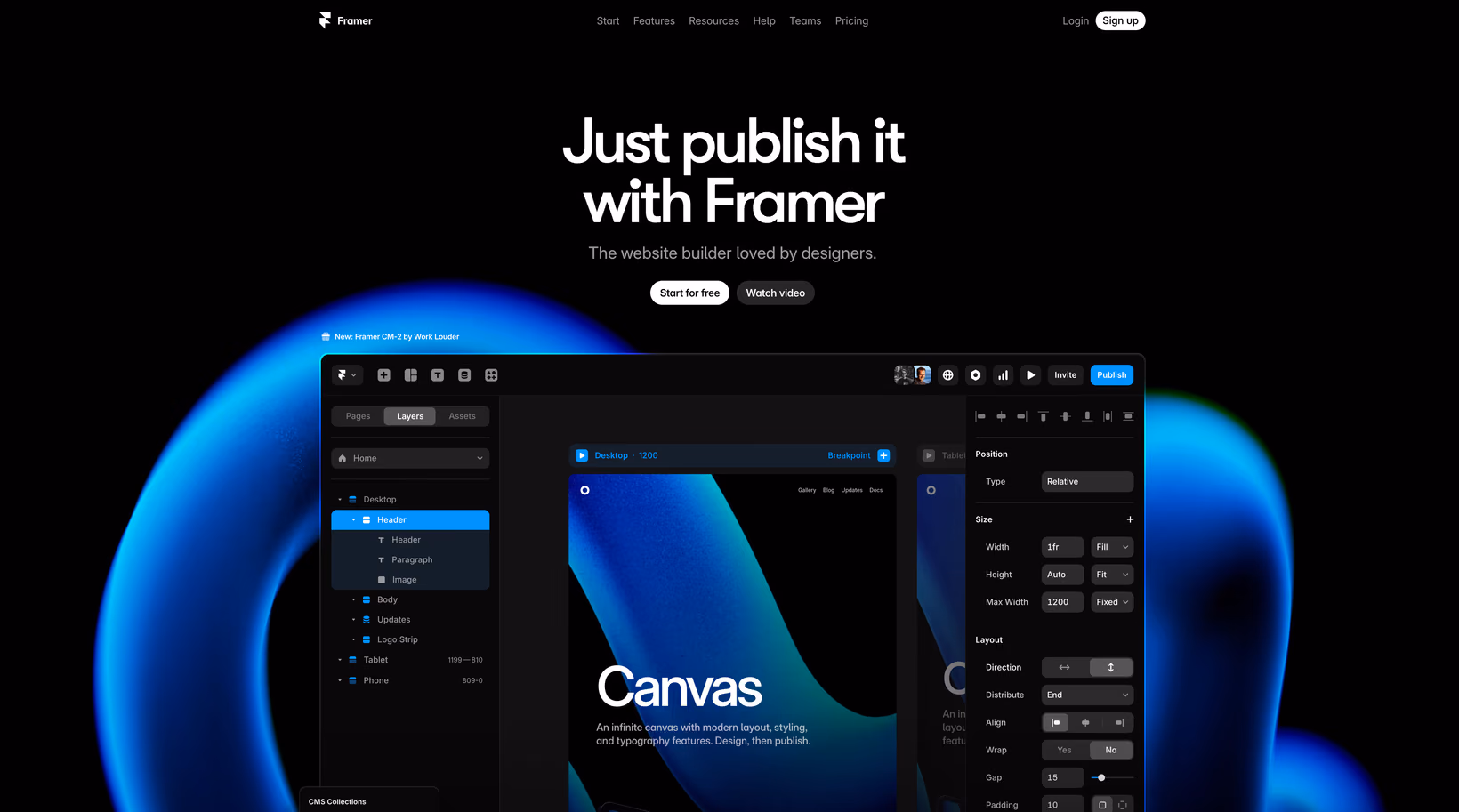 Aperçu de la page d'accueil du site de Framer