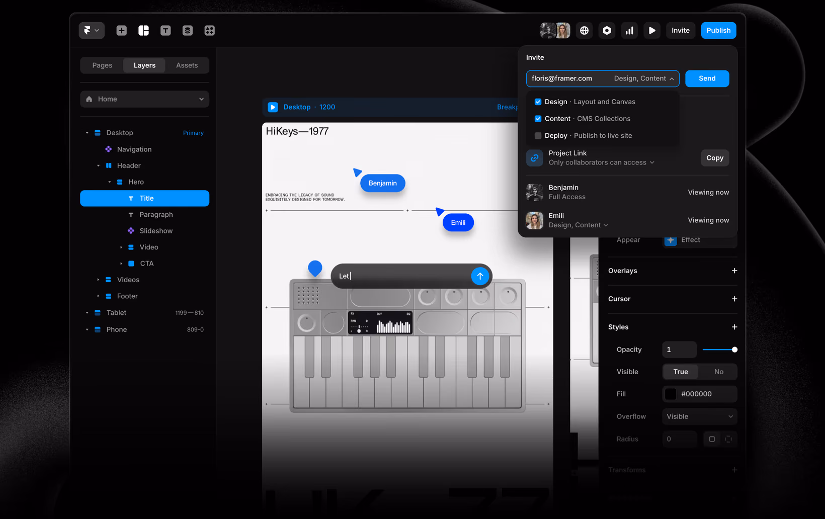 Interface de Framer montrant la collaboration de plusieurs utilisateurs
