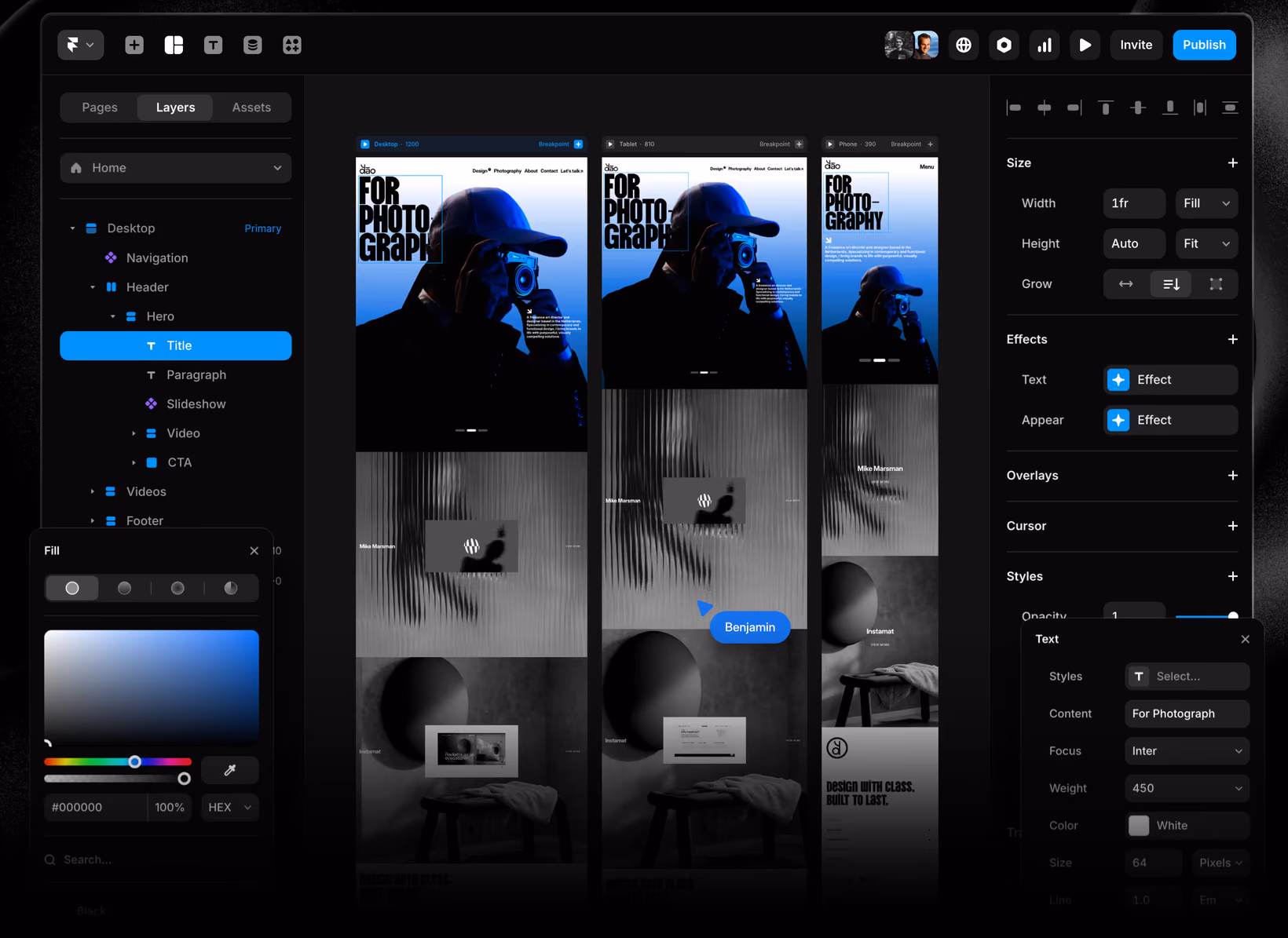 Interface du designer de ramer montrant un site responsive