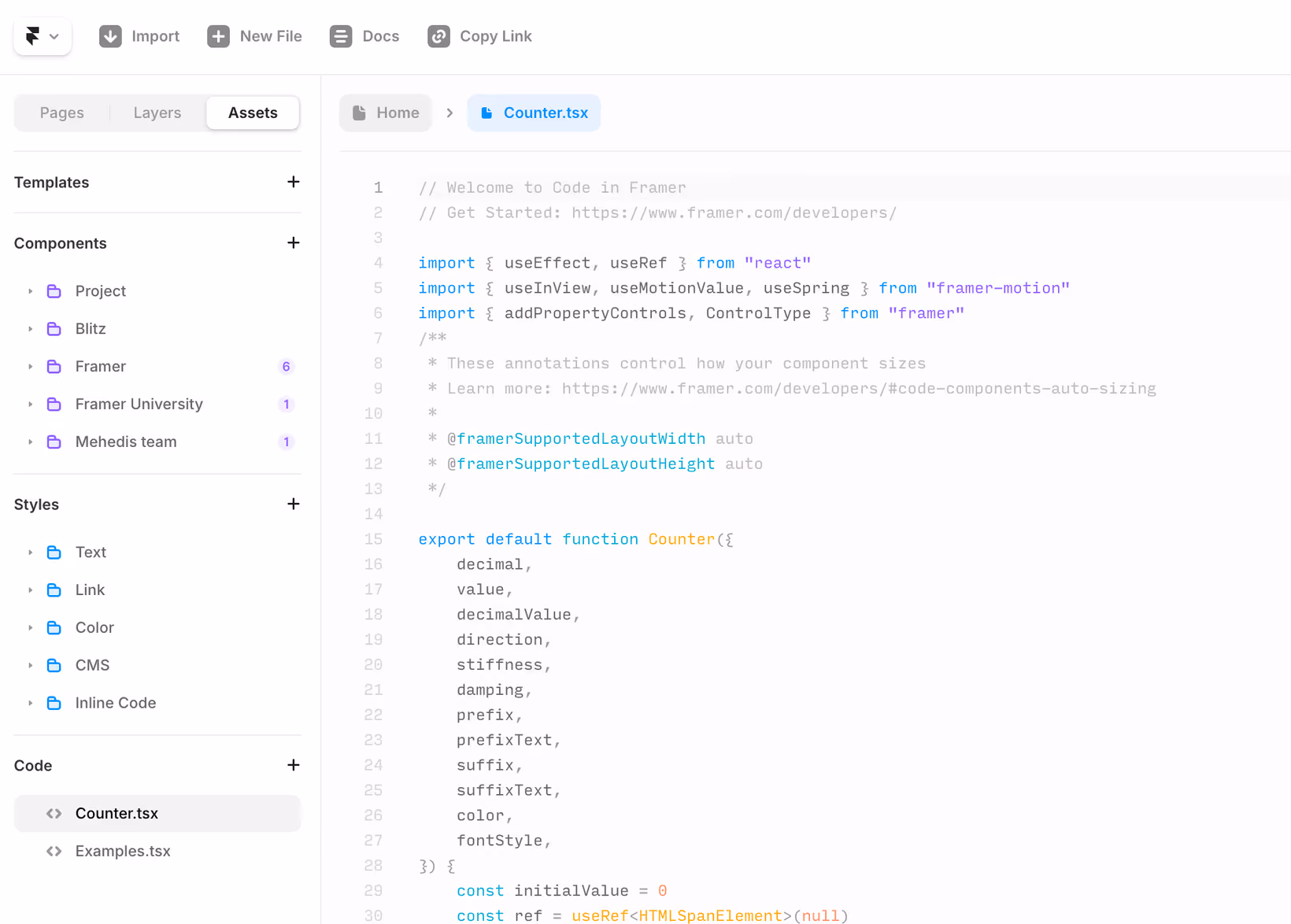 Interface pour écrire du code React dans Framer
