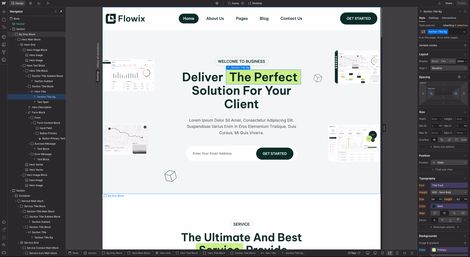 Interface du designer de Webflow