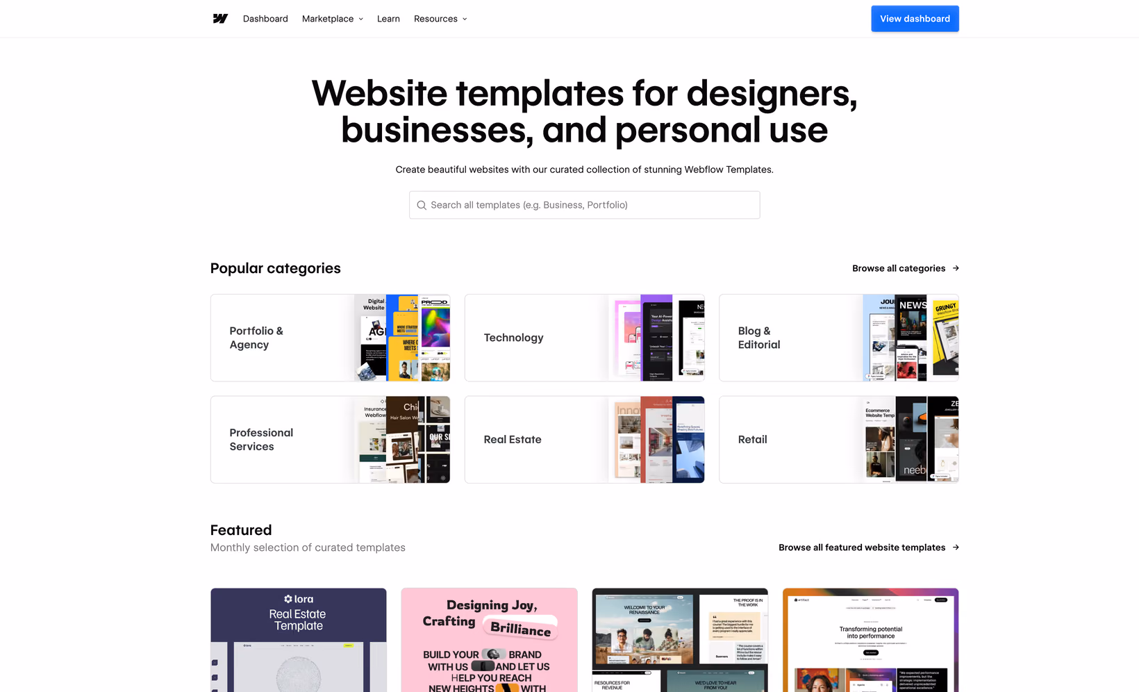 Accueil de la librairie de template Webflow