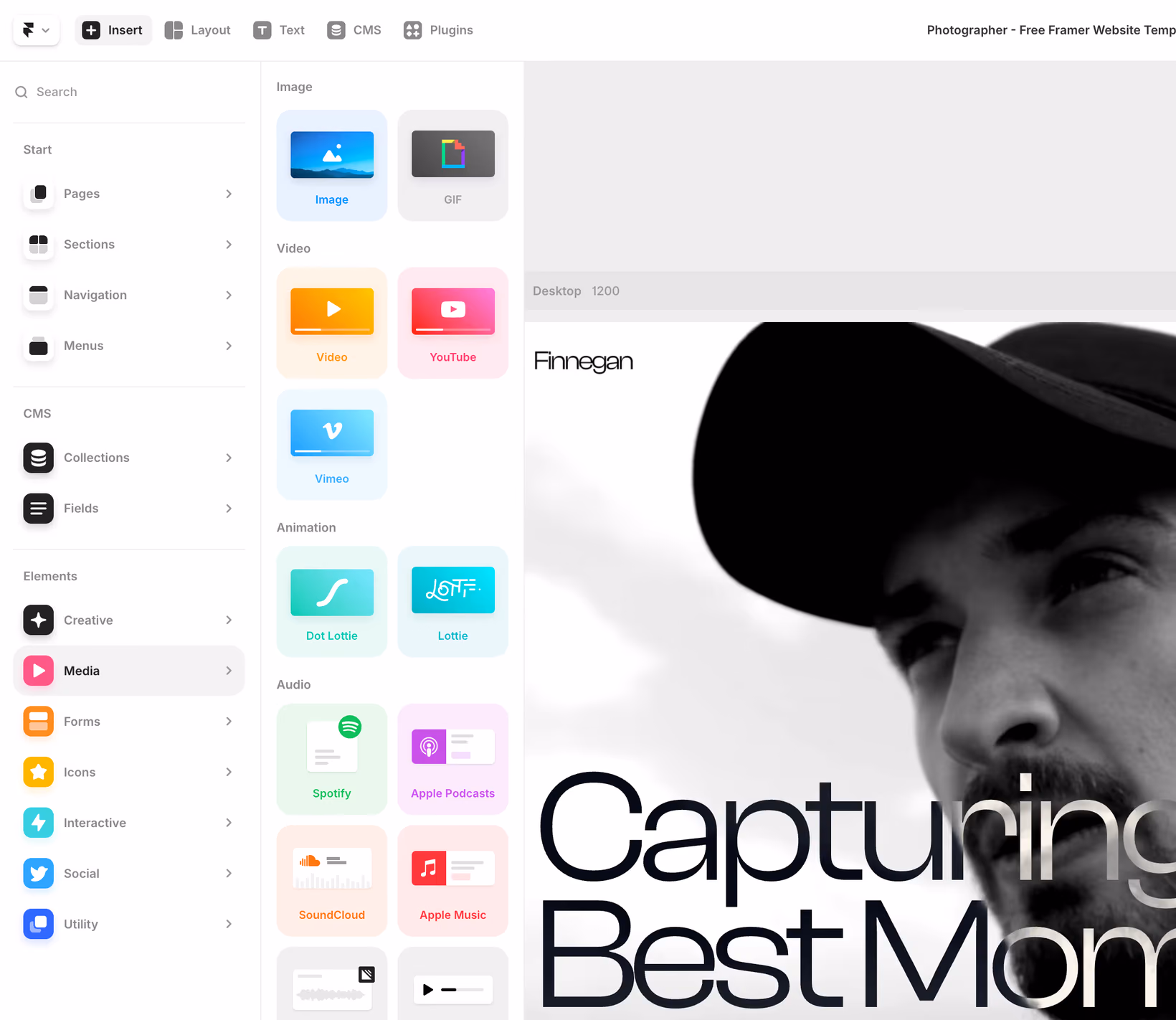 Aperçu des éléments proposé par Framer