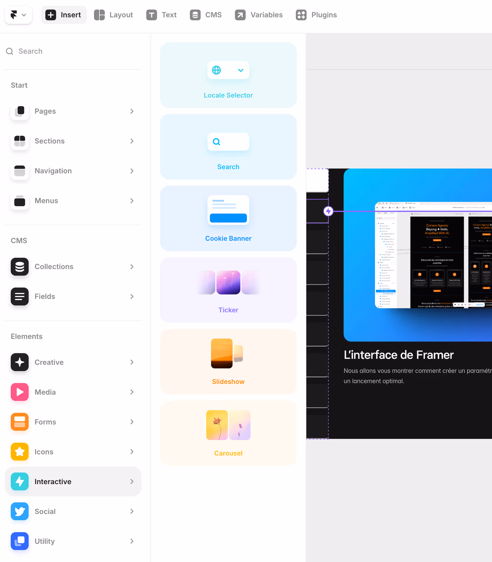 Aperçu des éléments interactifs proposés par Framer