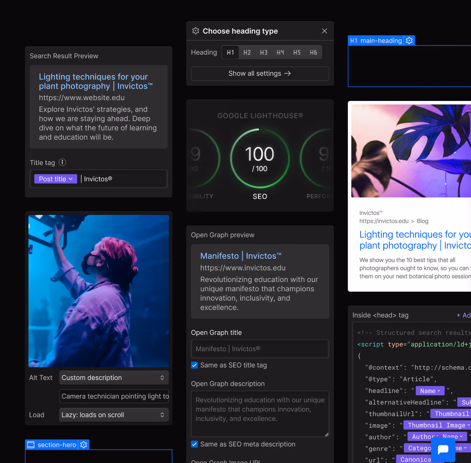 Aperçu des différentes fonctionnalités SEO proposées par Webflow