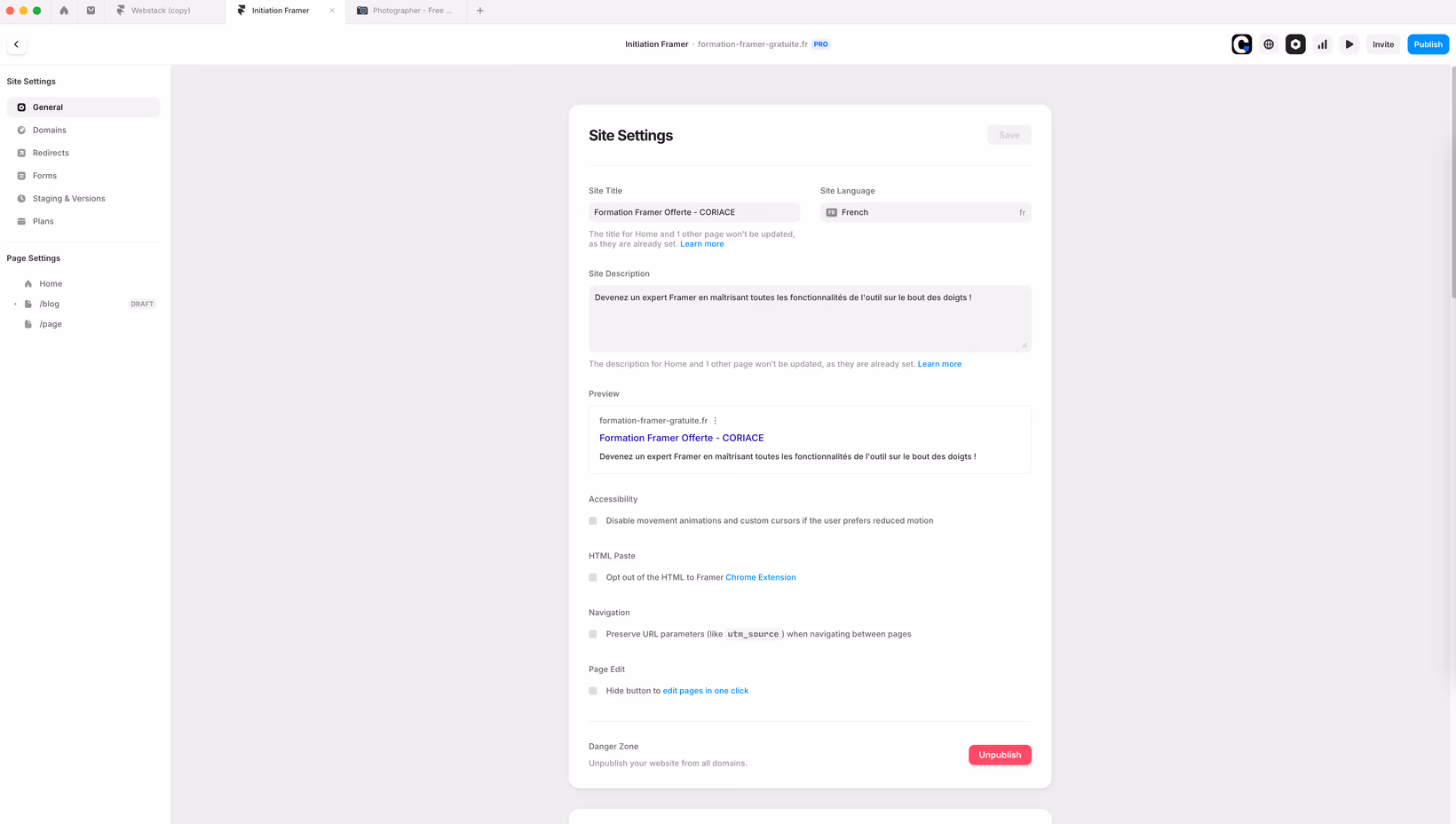 Paramètres pour gérer une partie du SEO sur Framer