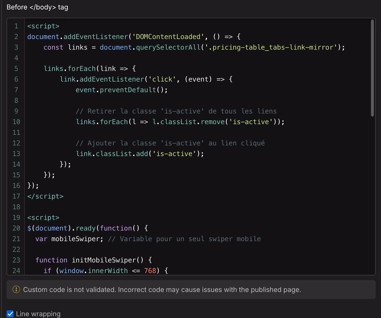 Fenêtre pour ajouter du code personnalisé sur une page