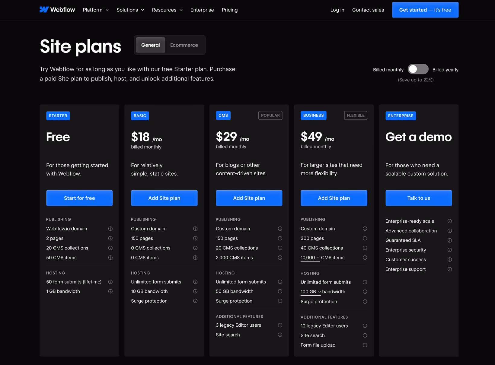 Table de prix de Webflow