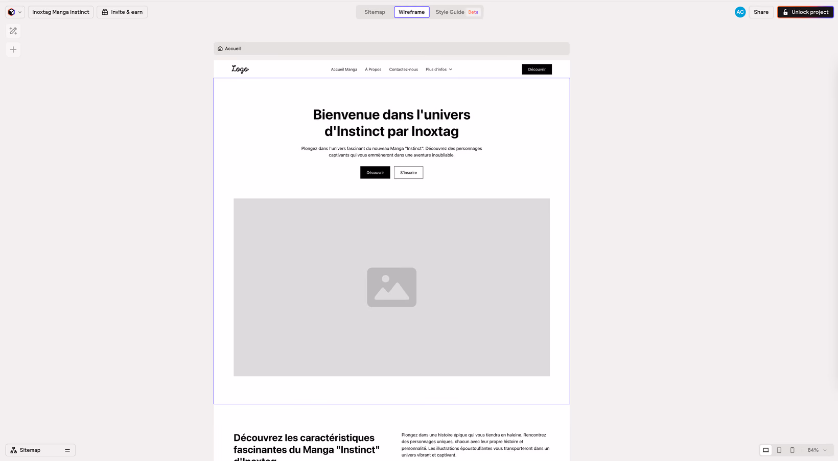 Exemple de génération d'un wireframe avec l'IA de Relume
