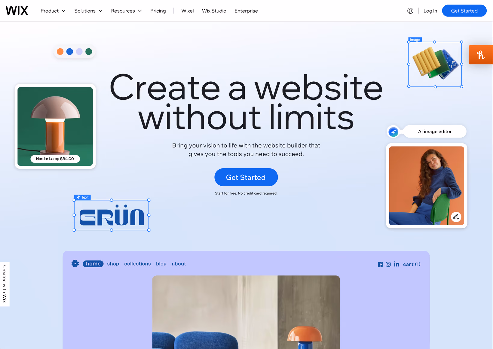 Haut de la page d'accueil de Wix