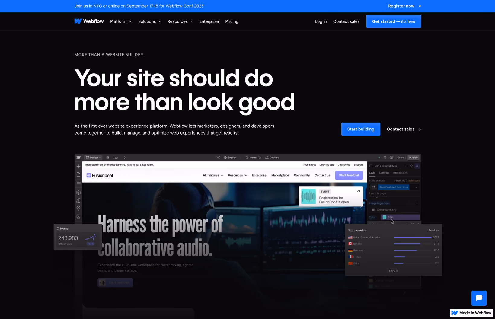 Haut de la page d'accueil de Webflow