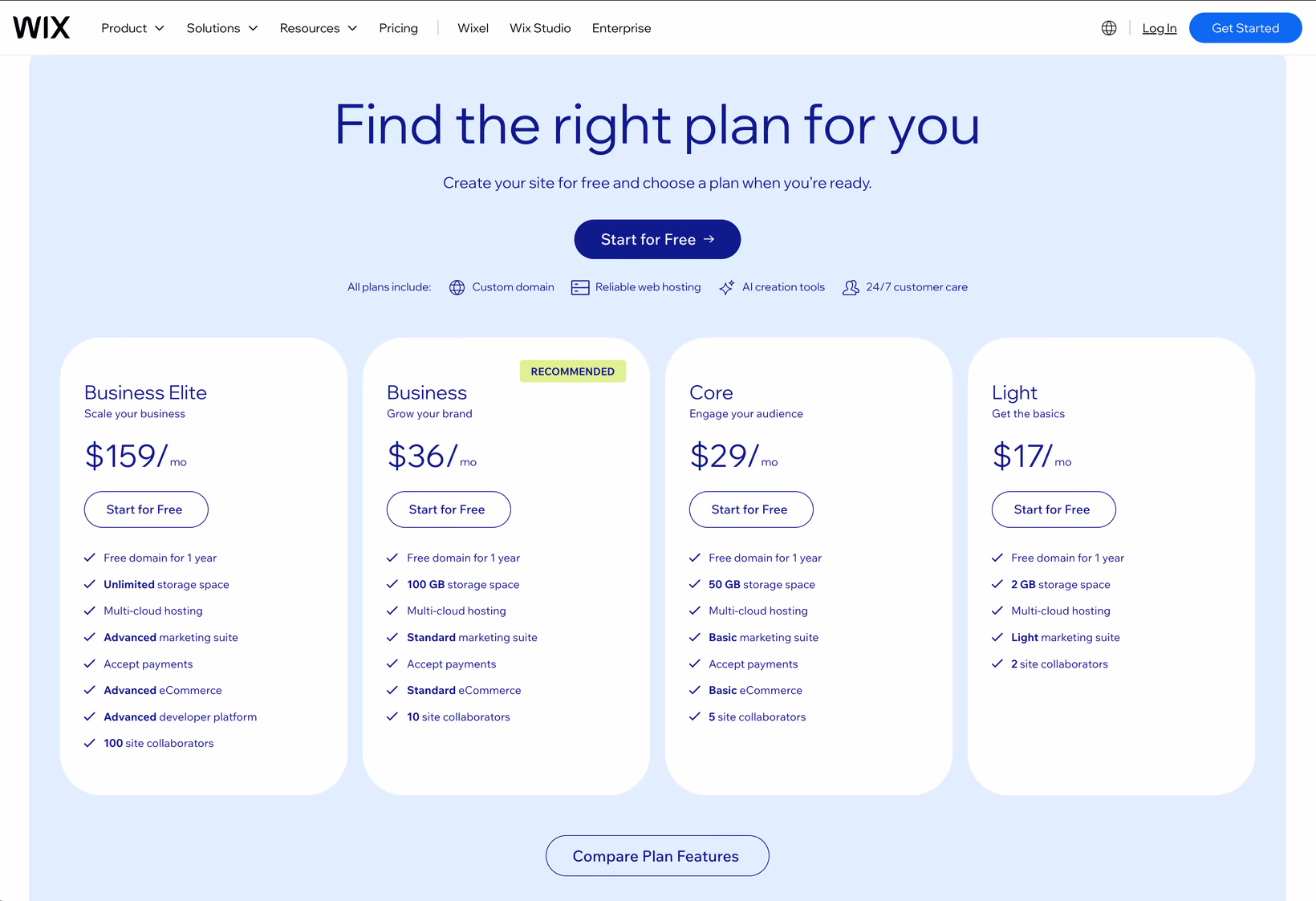 Plans tarifaires de Wix