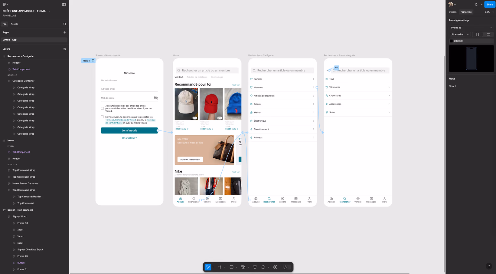 Exemple de prototype d'application mobile dans Figma