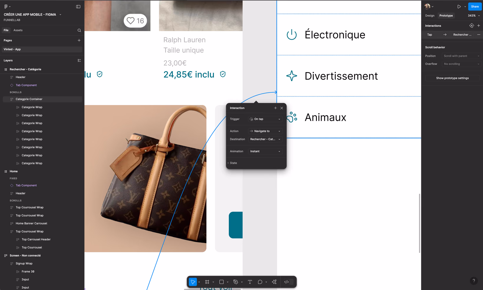 Paramétrage d'un prototype entre 2 écrans