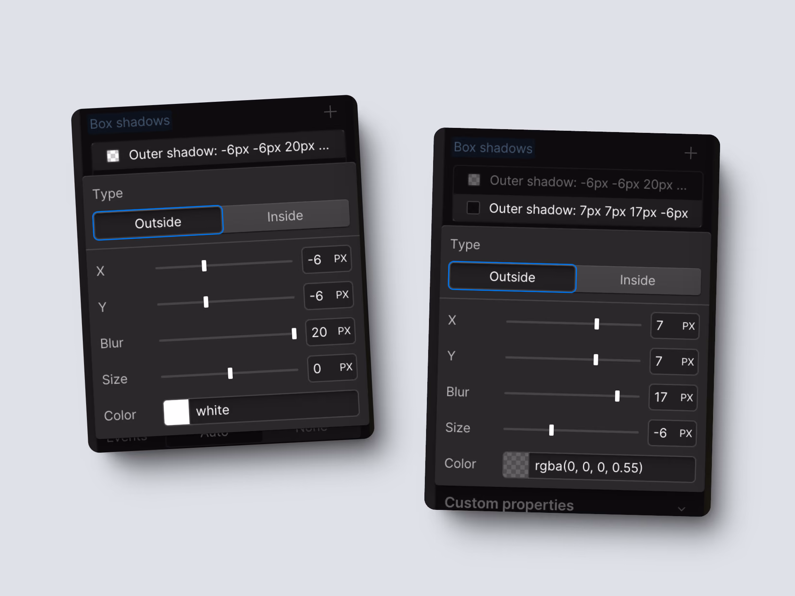 Paramétrage des ombres (box shadows) dans Webflow pour avoir le style Neumorphic