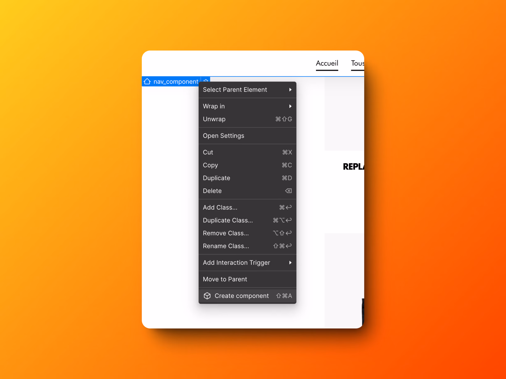 Menu du clic droit sur Webflow pour accéder à l'option de création de composantd