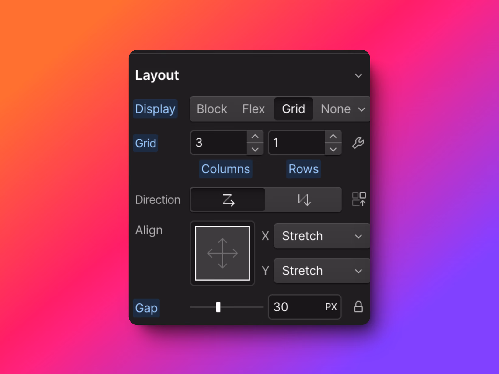 Les différentes propriétés CSS de l'élément HTML "Grid" dans le panneau de style de Webflow