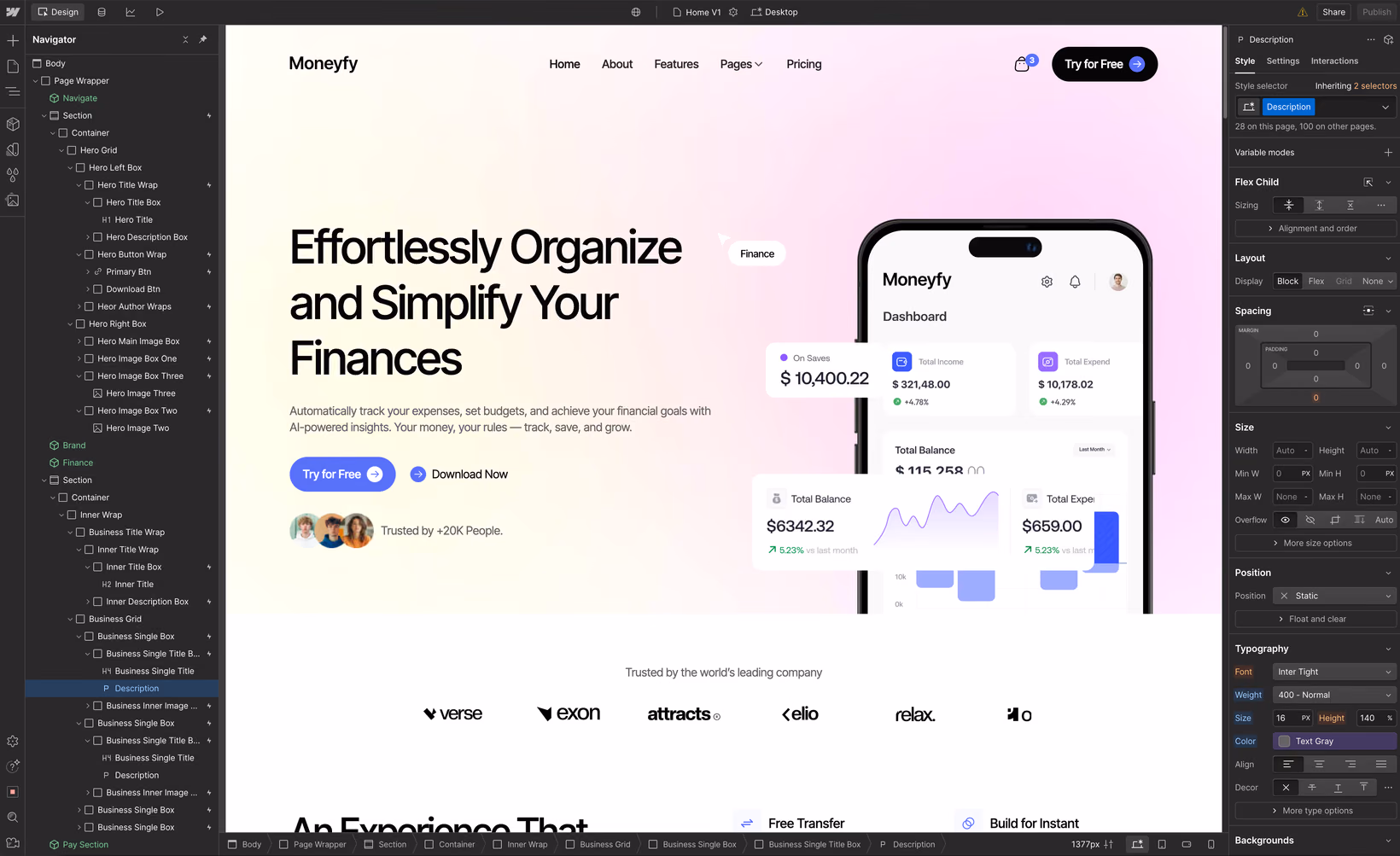 Interface du designer de Webflow