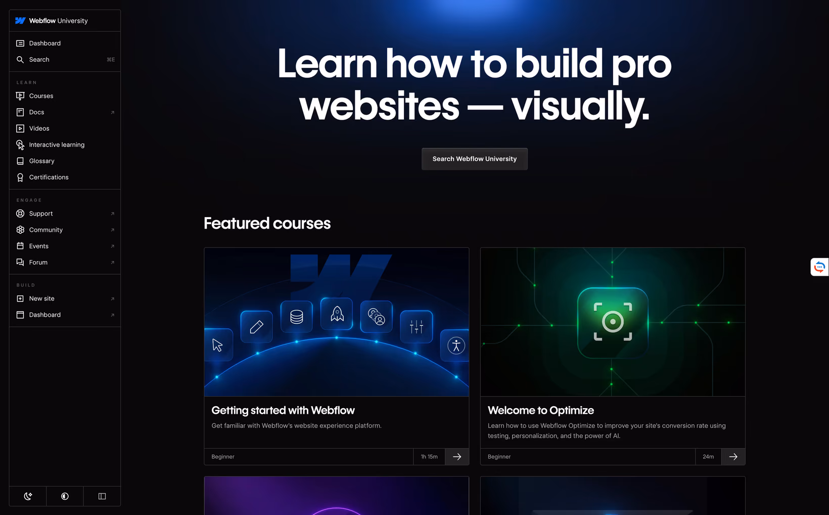 Page d'accueil de Webflow University