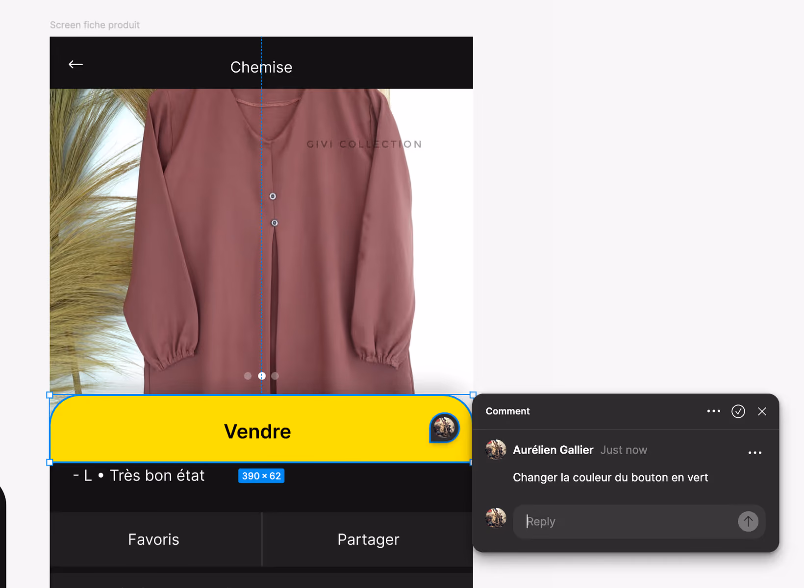 Exemple d'un commentaire posté dans l'interface de Figma