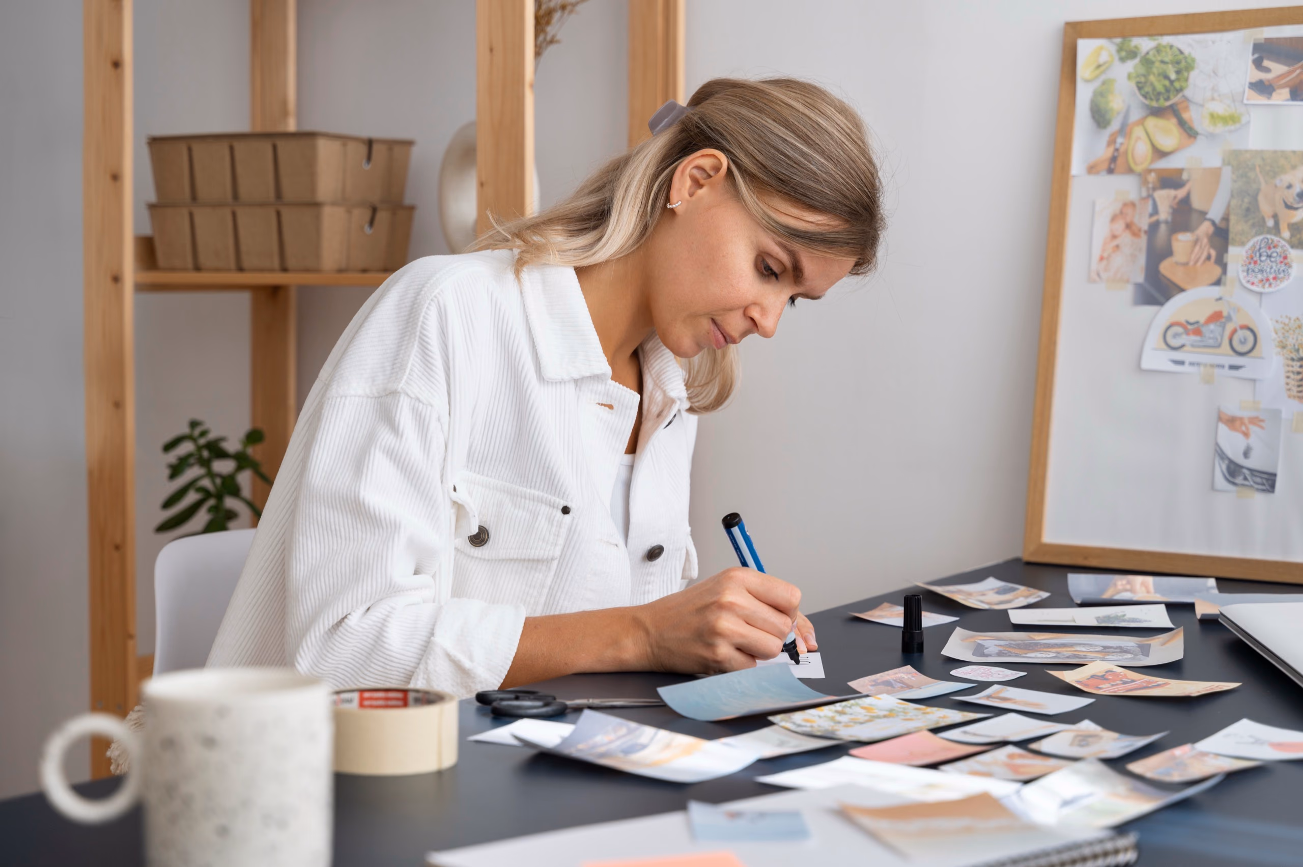 Une indépendante compose son moodboard de marque sur un mur d'atelier