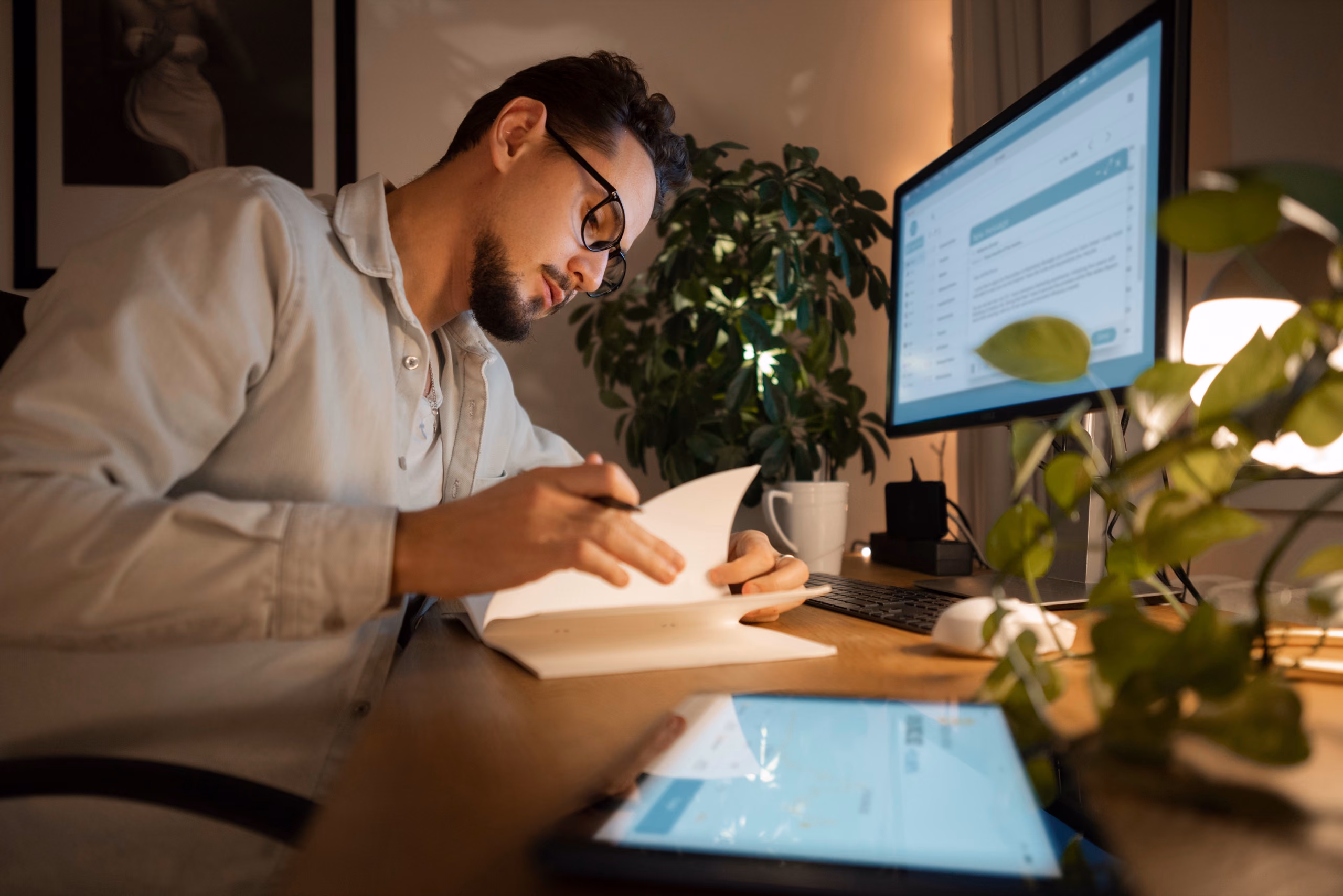 Un webdesigner rédige ses contenus à son bureau, le soir