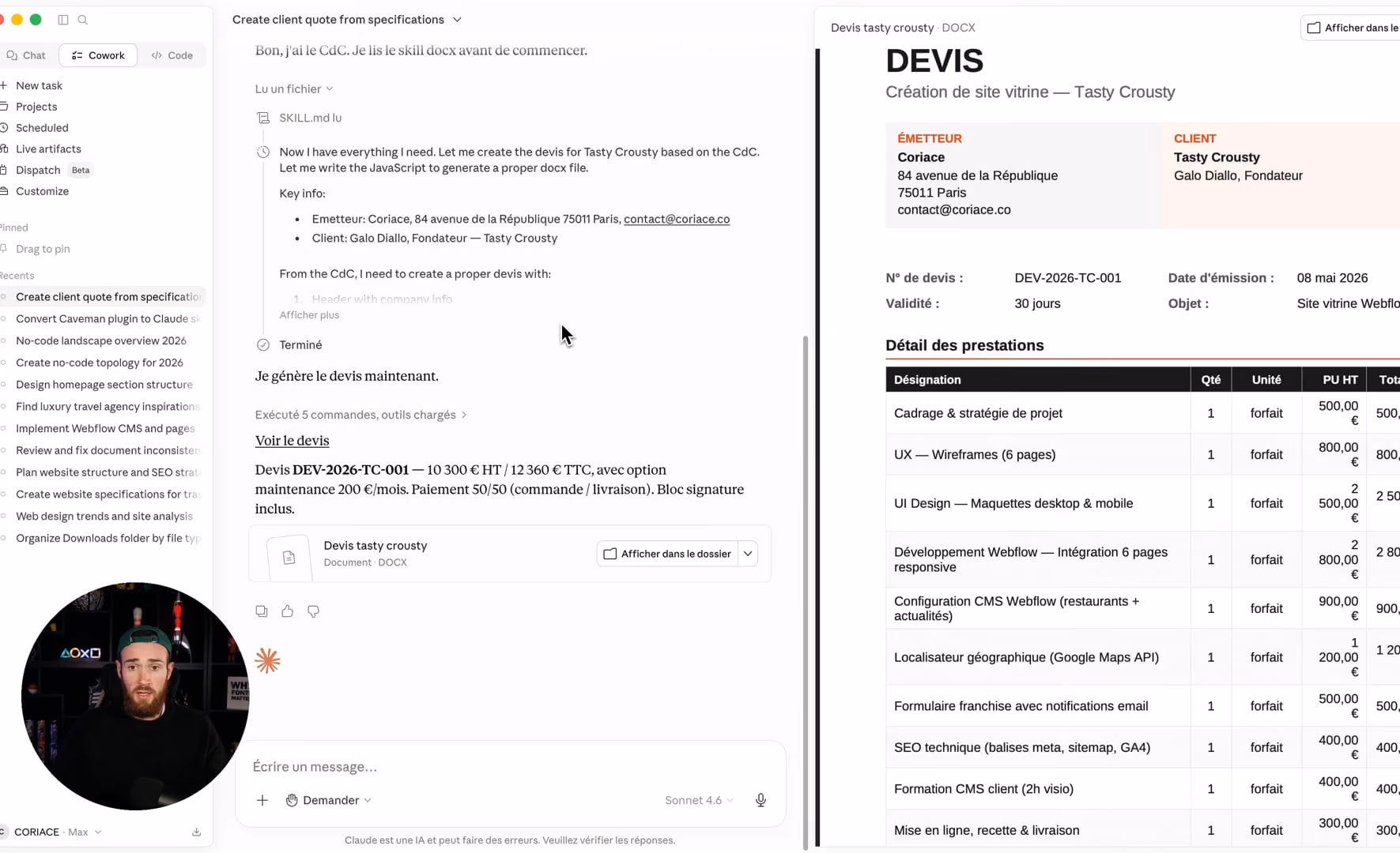 Préparer une prestation dans Claude