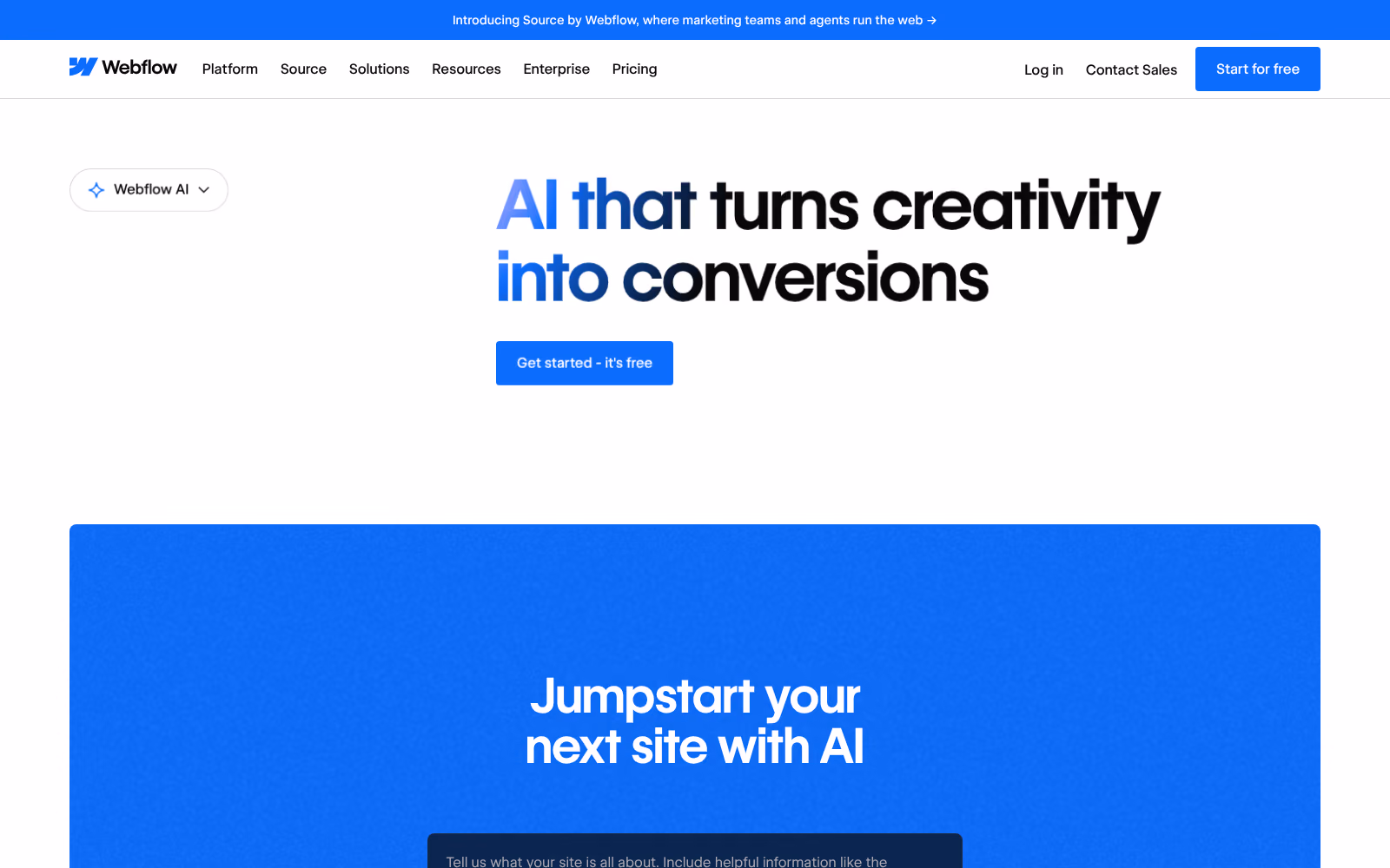 Page de Webflow présentant ses fonctionnalités d'IA pour créer un site