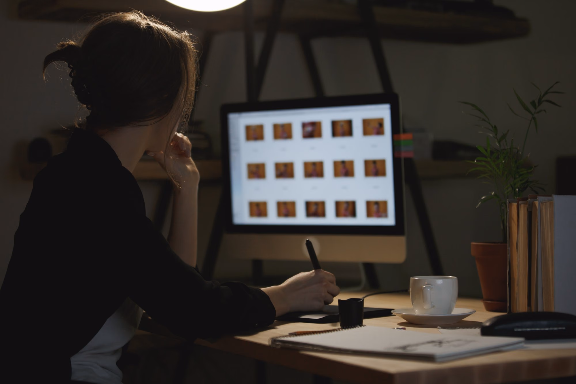 Une webdesigneuse devant une planche de maquettes, de dos