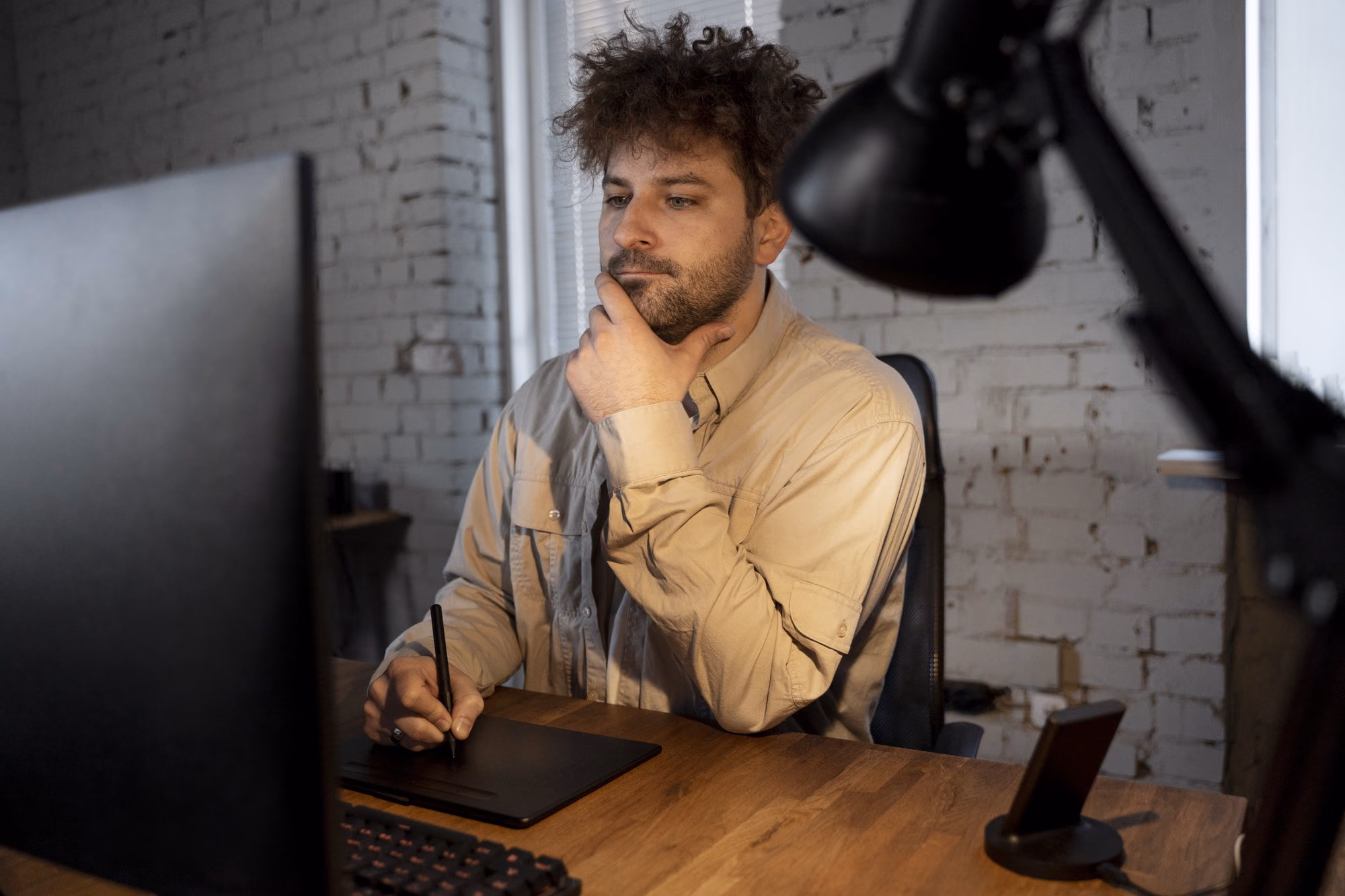 Un freelance à son poste de travail, dans son atelier