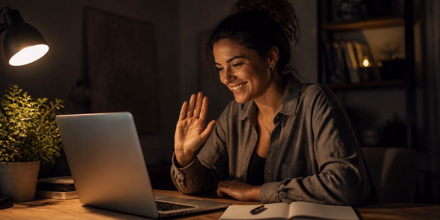 Une freelance salue en souriant au début d'un appel vidéo, à la lumière d'une lampe de bureau