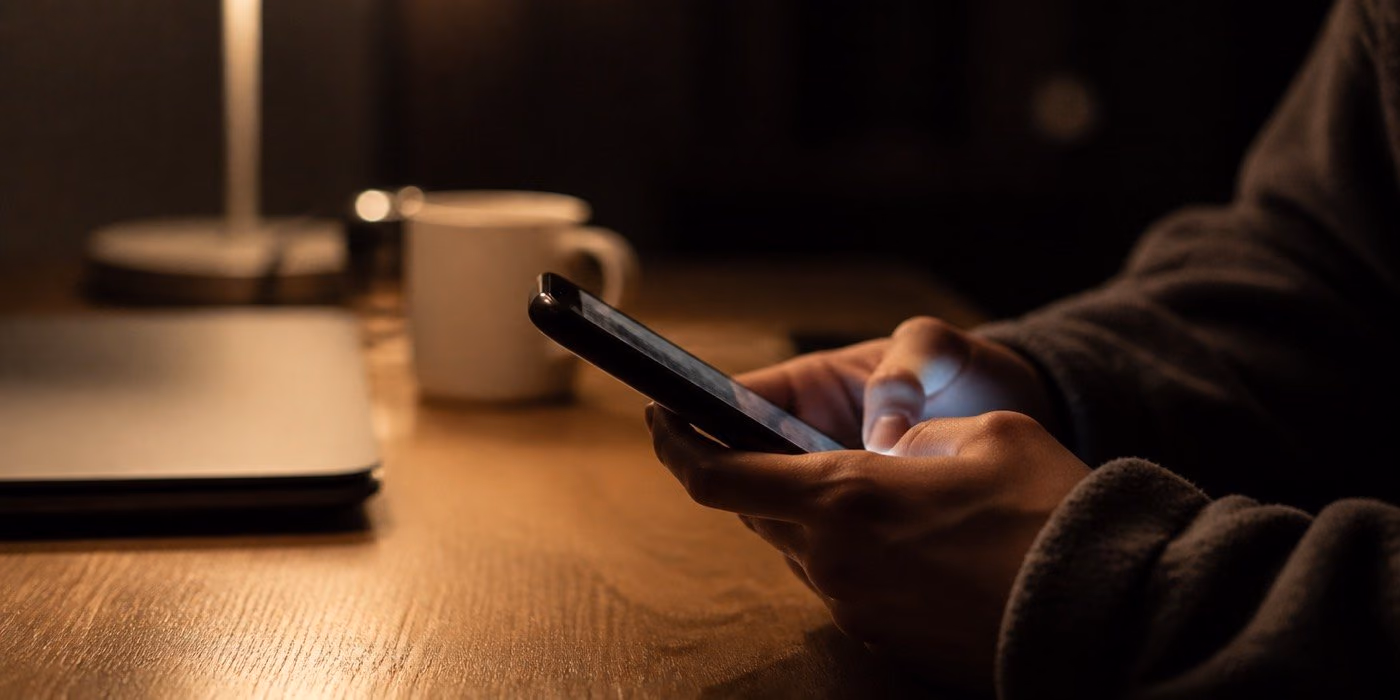 Des mains écrivent un message sur un téléphone, le soir, à côté d'un laptop