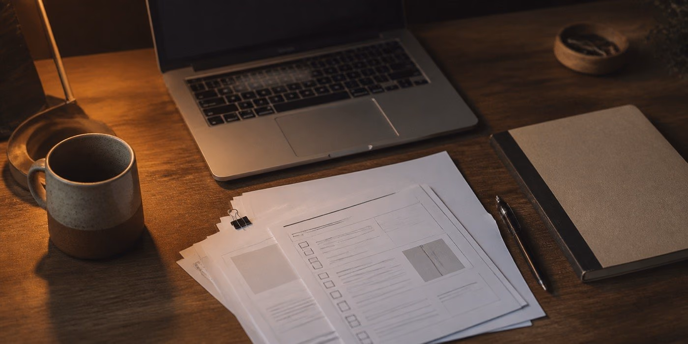 Des templates et des checklists imprimés posés sur un bureau en bois, à côté d'un mug