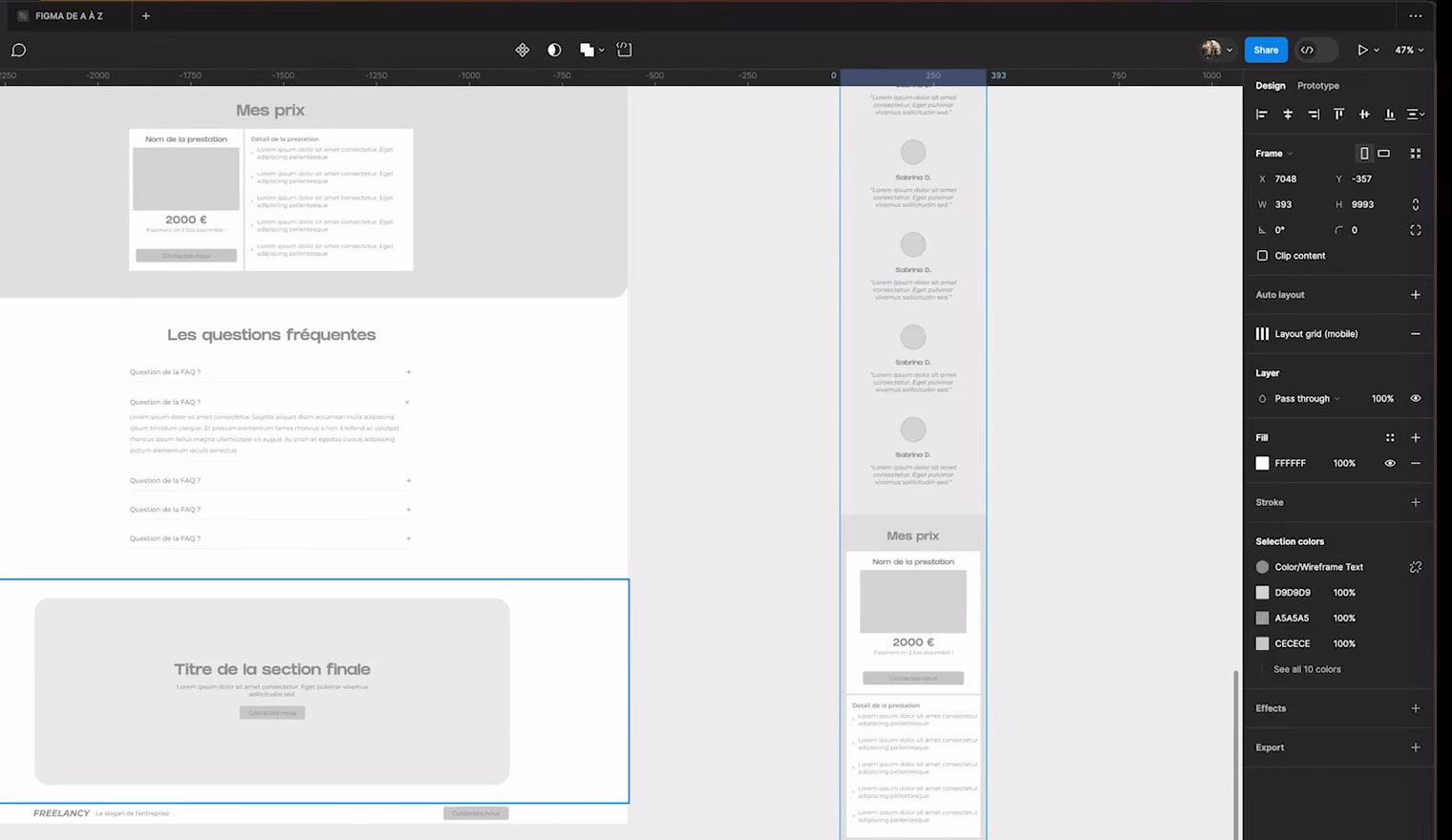 Le wireframe d'une landing page dans Figma, desktop et mobile