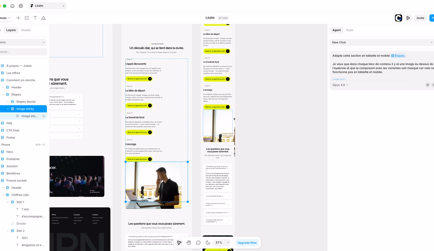 La page CAIRN sur les trois breakpoints dans Framer