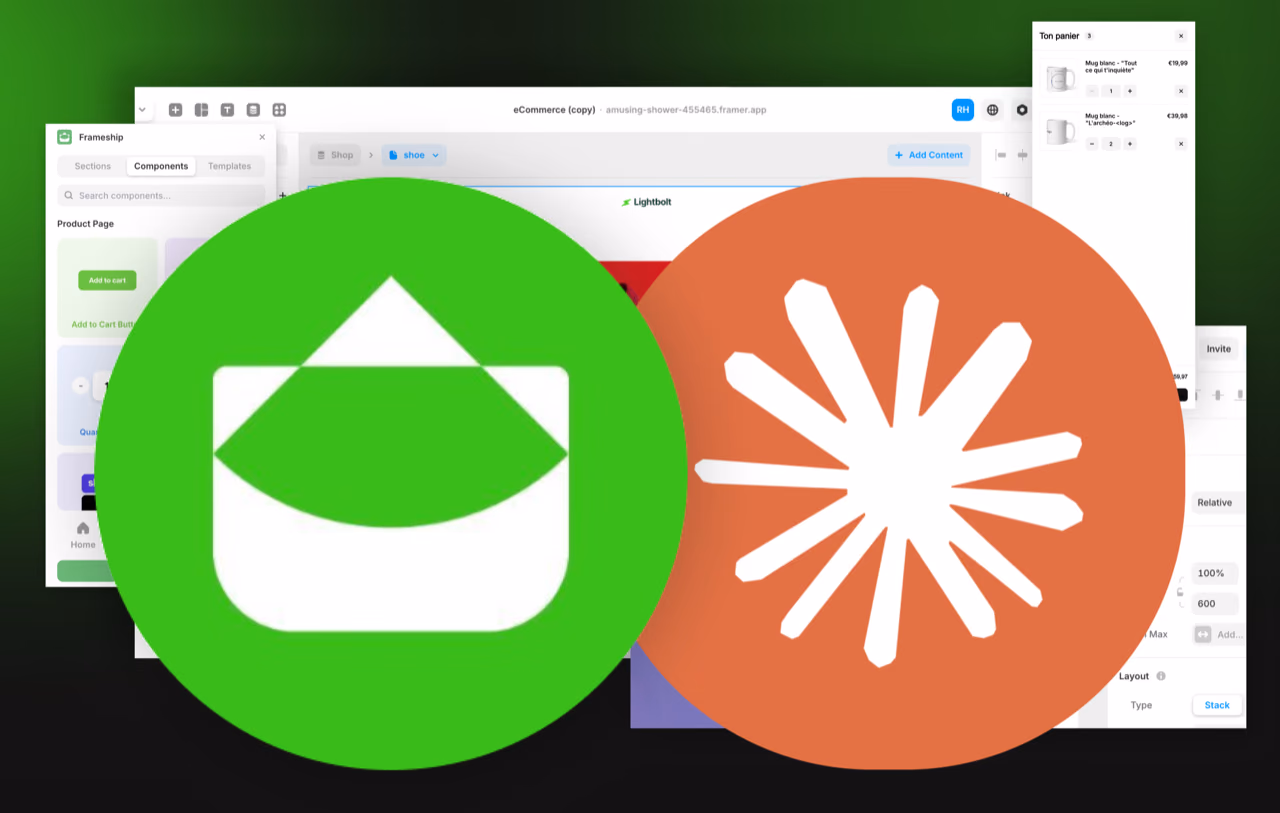 Le visuel de la formation Frameship : une boutique Framer, le logo Frameship et l'astérisque Coriace