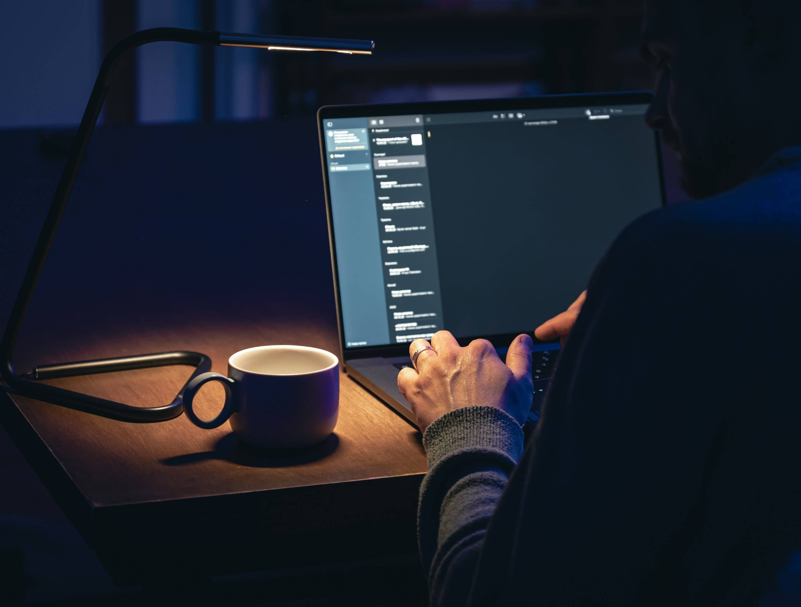 Un créateur de site travaille sur son laptop, de dos, dans une pièce sombre éclairée par l'écran