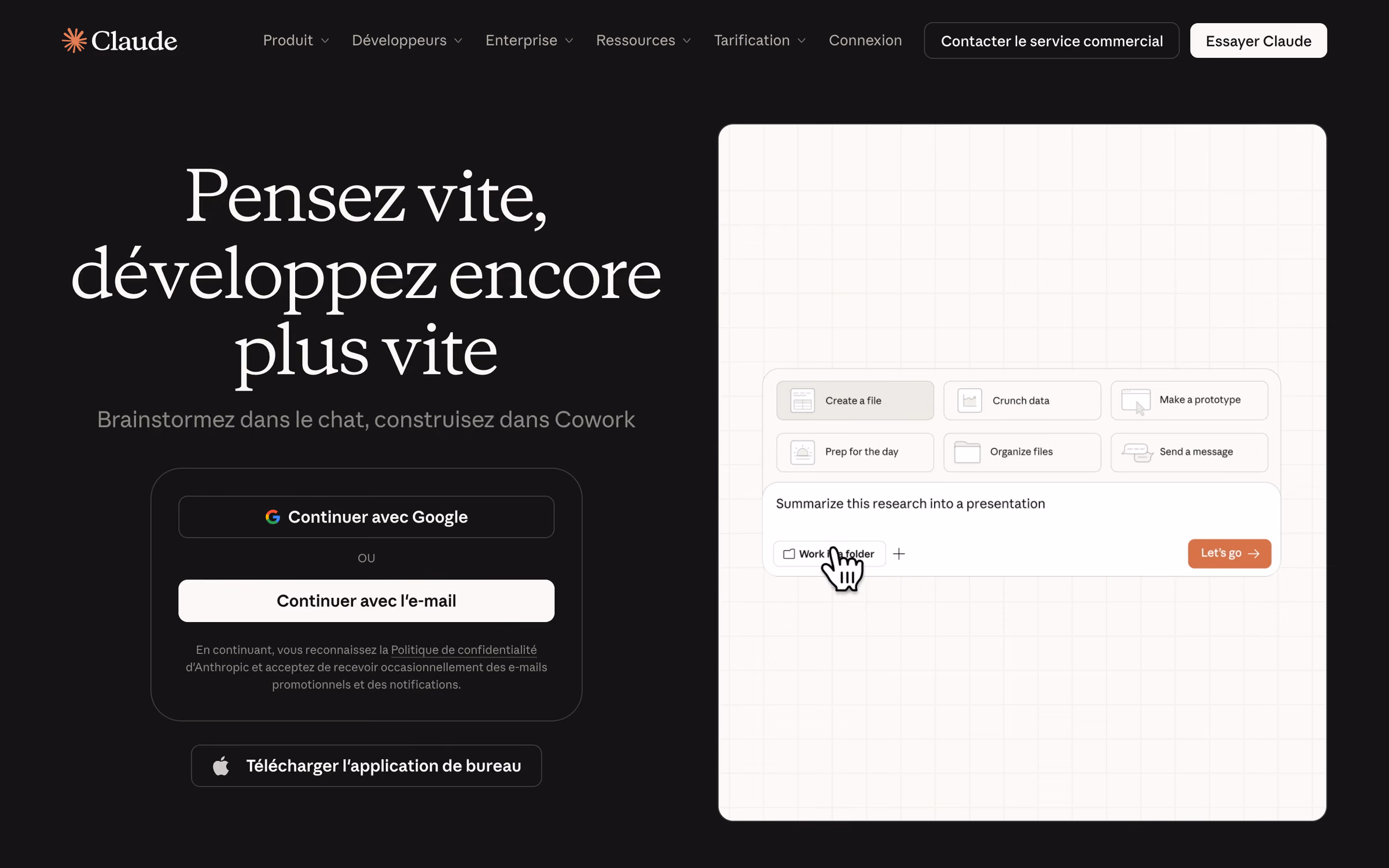 La page d'accueil de Claude