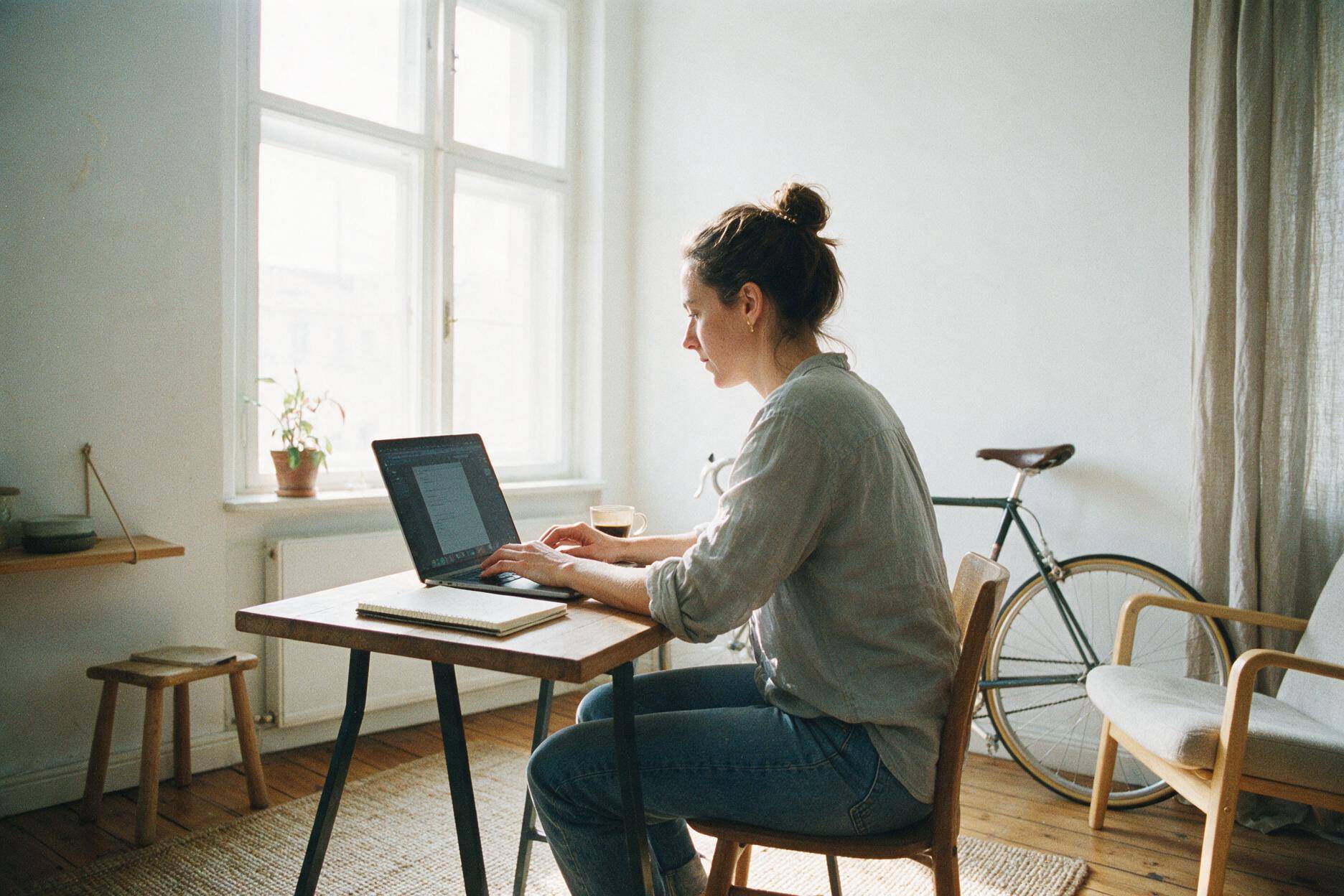 Une freelance travaille sur son ordinateur portable à sa table, devant la fenêtre de son appartement.