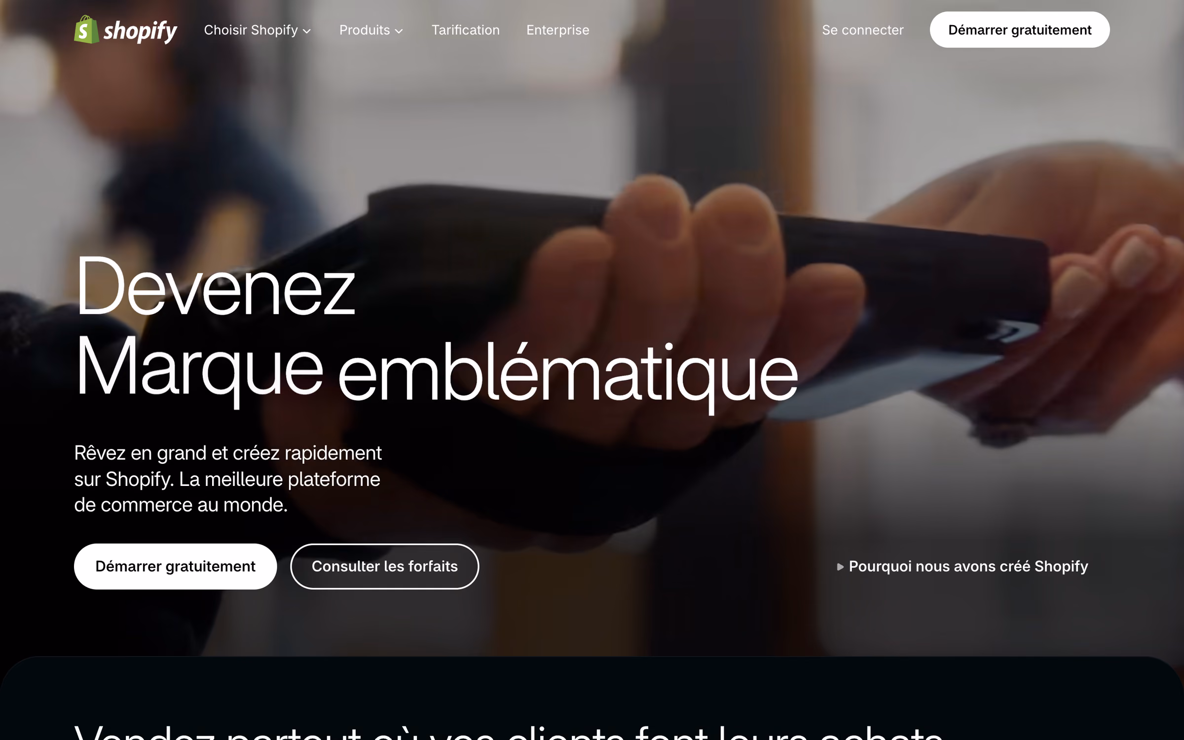 La page d'accueil de Shopify