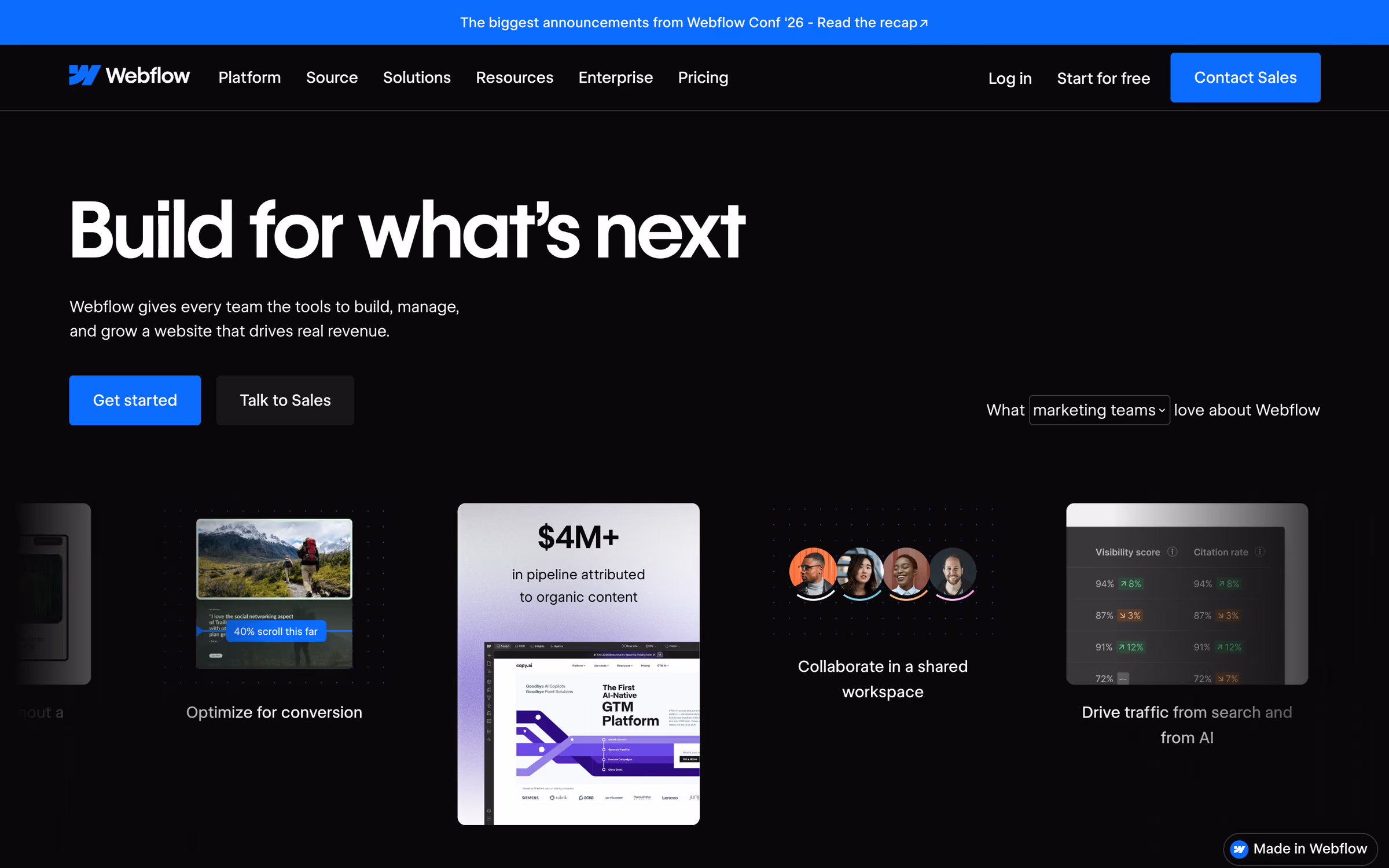 La page d'accueil de Webflow