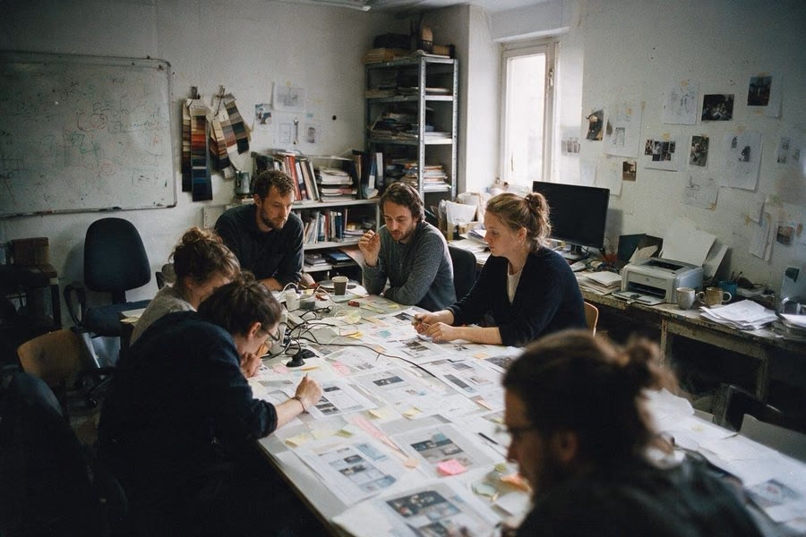 Une équipe passe en revue des planches de projets sur une table