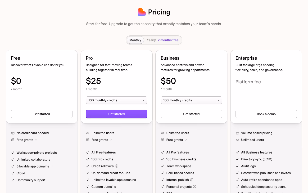 Page des tarifs de Lovable avec les plans Free, Pro, Business et Enterprise