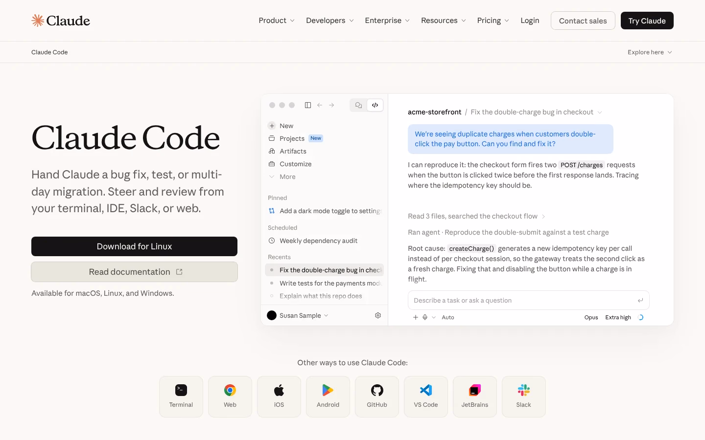 La page d'accueil de Claude Code, l'agent de code d'Anthropic