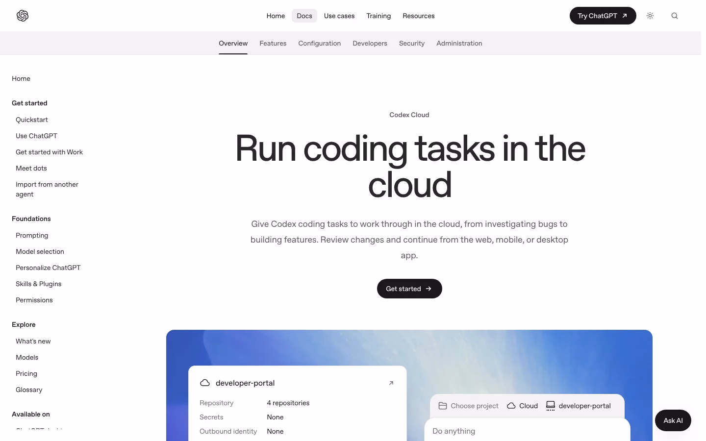 La page Codex Cloud de la documentation d'OpenAI