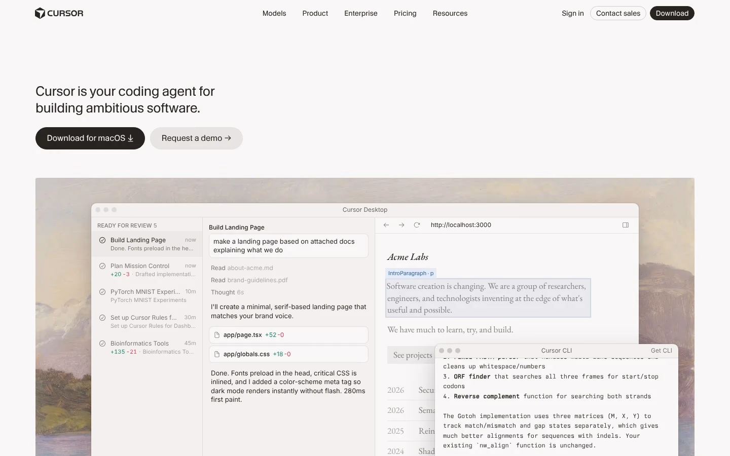La page d'accueil de Cursor, éditeur de code avec agent IA intégré